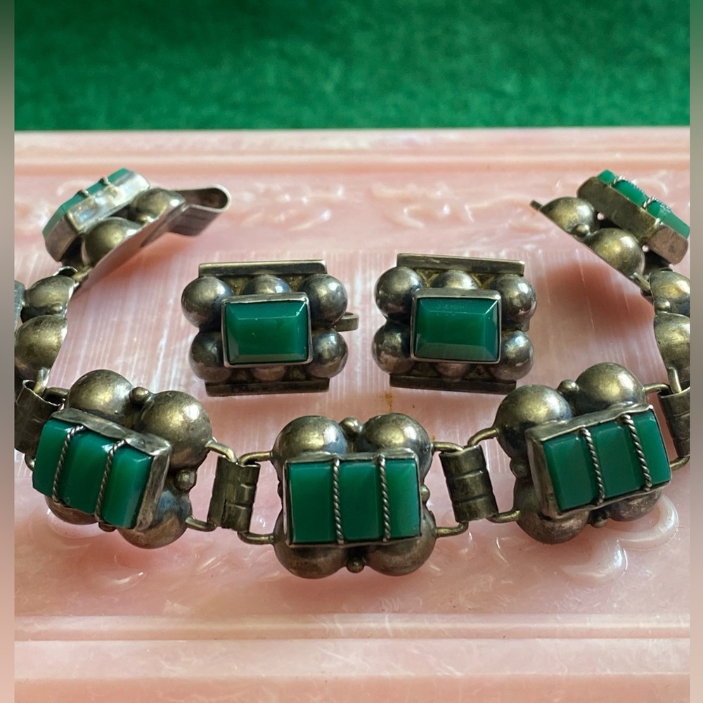 Vintage Sterling Silver Green Onyx Bracelet & Earrings
